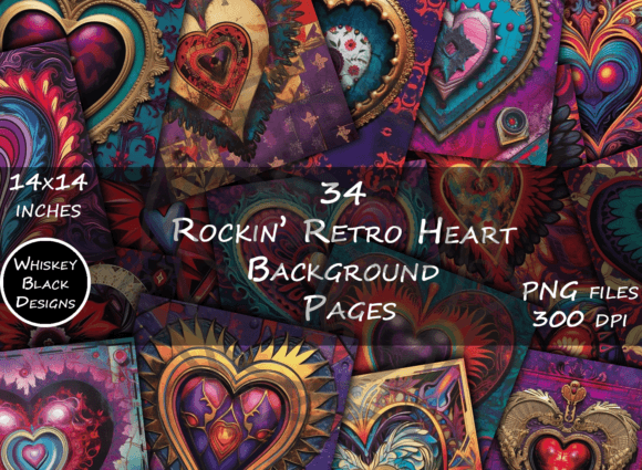 Bright Rockin' Retro Heart Backgrounds for Your Projects