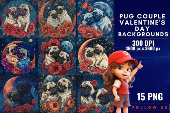 Pug Couple Valentine's Day Backgrounds: A Design Asset for Heartfelt Projects